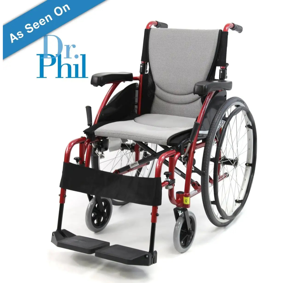 The Karman S-Ergo 115 Ultra Lightweight Ergonomic Wheelchair, weighing just 25 lbs, features a red frame, light gray cushion, and black footrests. Its S-Shaped Seating System ensures comfort. As Seen On Dr. Phil is displayed in the top left corner.